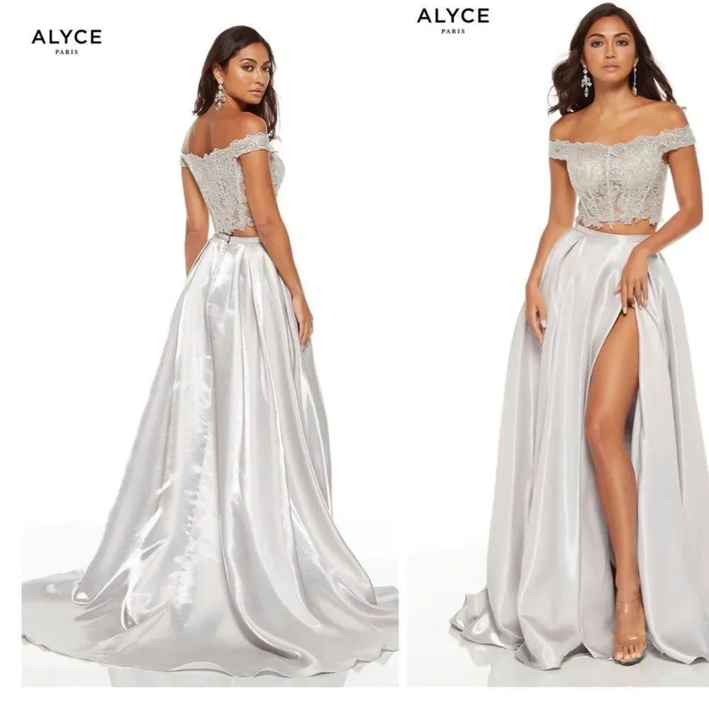 NEW ALYCE PARIS silver lace satin 60528 formal ballroom prom maxi gown dress 8
